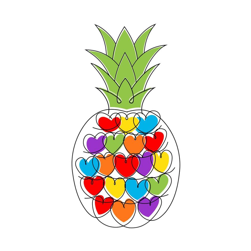 Pineapple. Outline image of a pineapple with colorful hearts vector