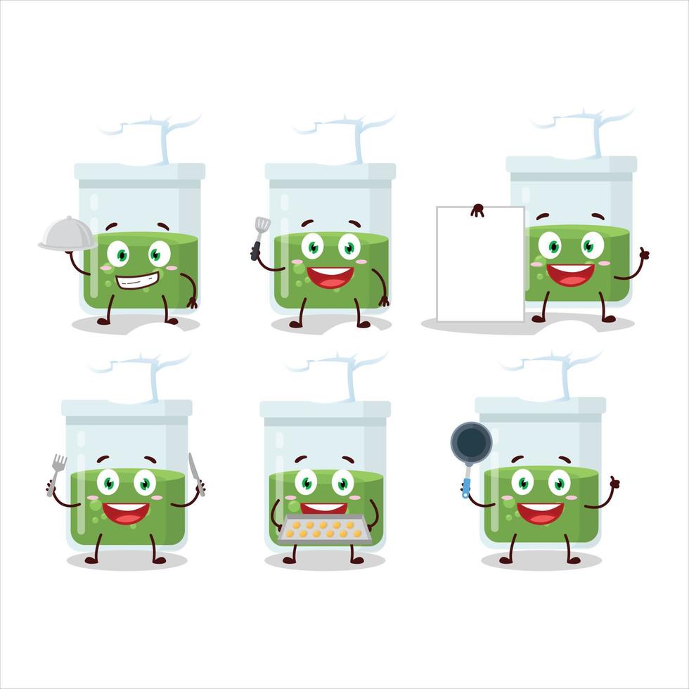 dibujos animados personaje de verde poción con varios cocinero emoticones vector