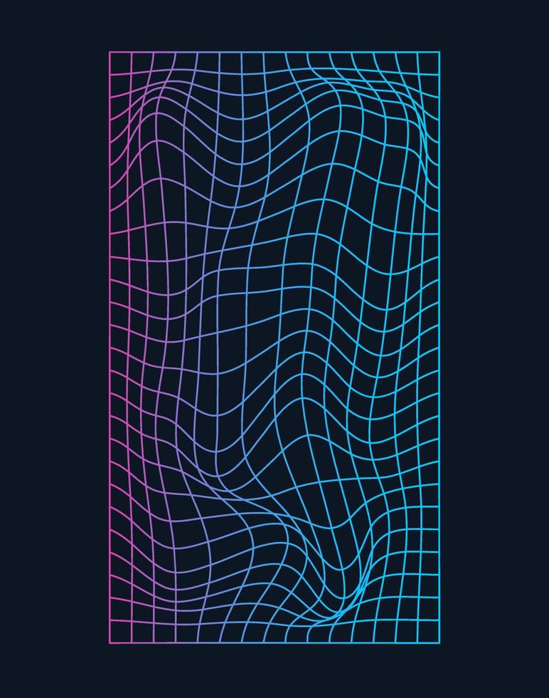 Distorted and warped neon laser grid on dark background. Retrowave, synthwave, rave, vaporwave.Trendy retro 1980s, 90s style vector