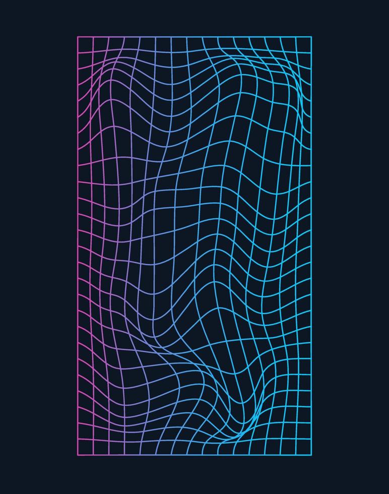 distorsionado y deformado neón láser cuadrícula en oscuro antecedentes. microondas, onda sintetizada, delirio, vaporwave.trendy retro 1980, 90s estilo vector