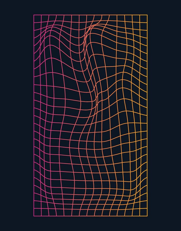 Distorted and warped neon laser grid on dark background. Retrowave, synthwave, rave, vaporwave.Trendy retro 1980s, 90s style vector