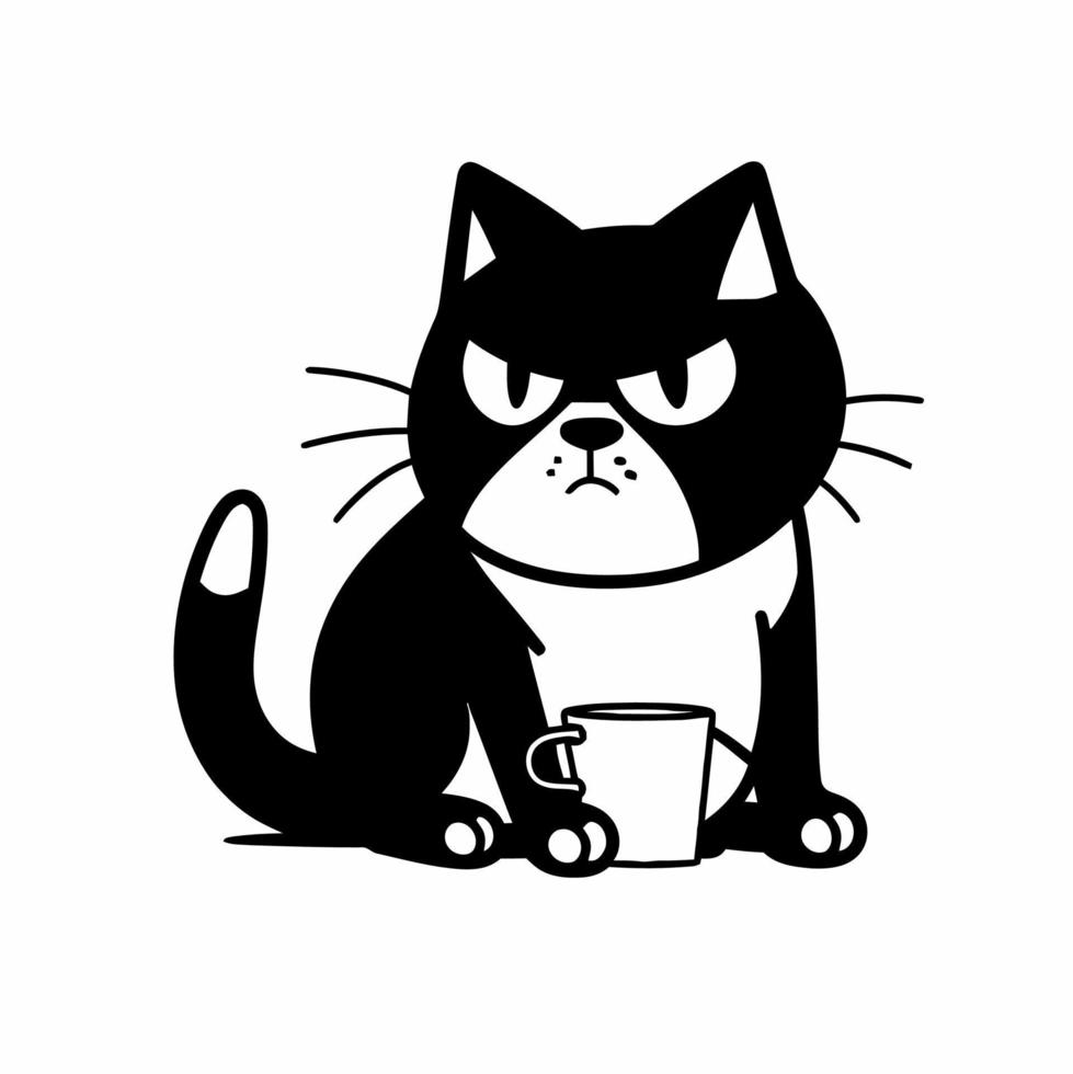 enojado gato con café taza vector