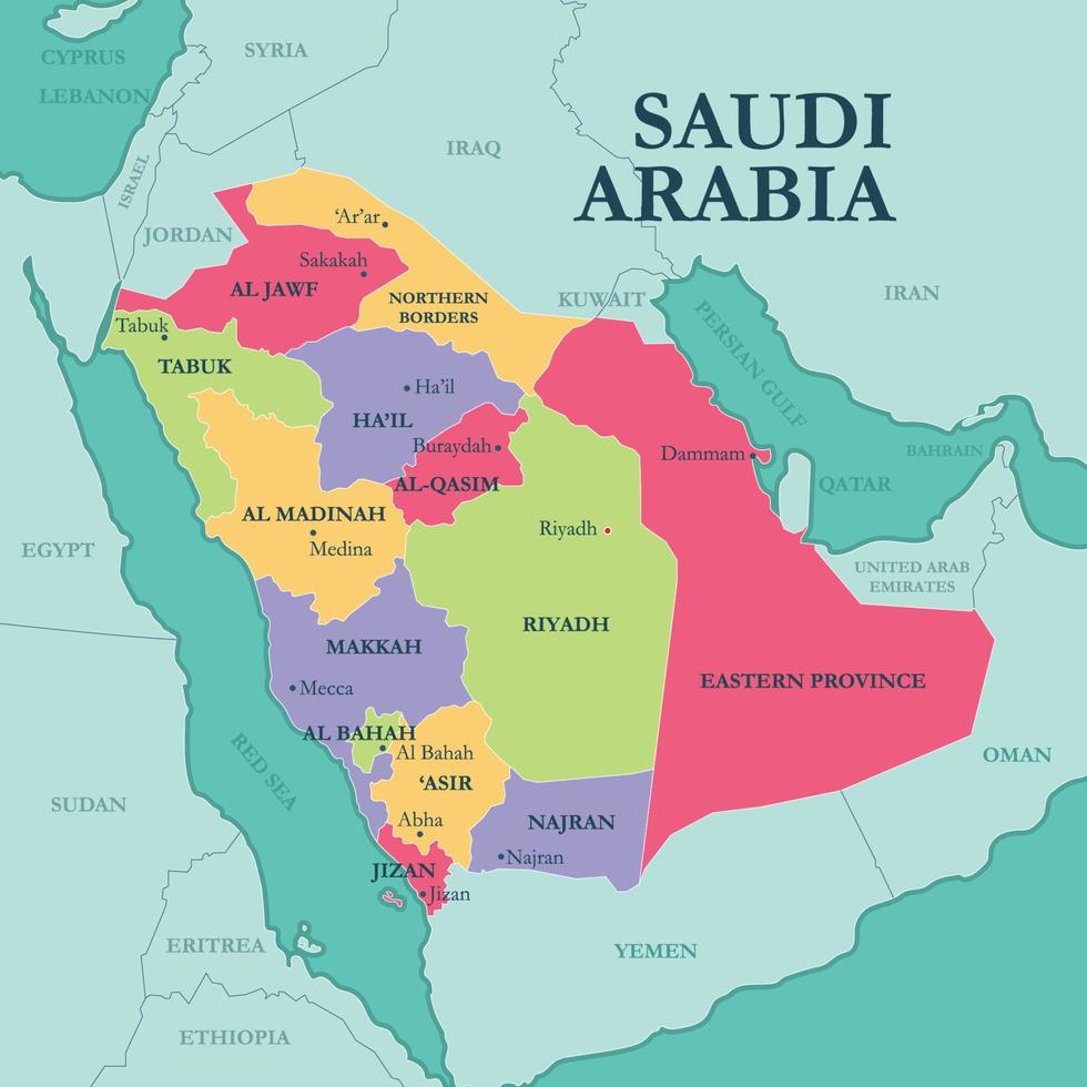 Saudi Arabia States and Capitals Map vector