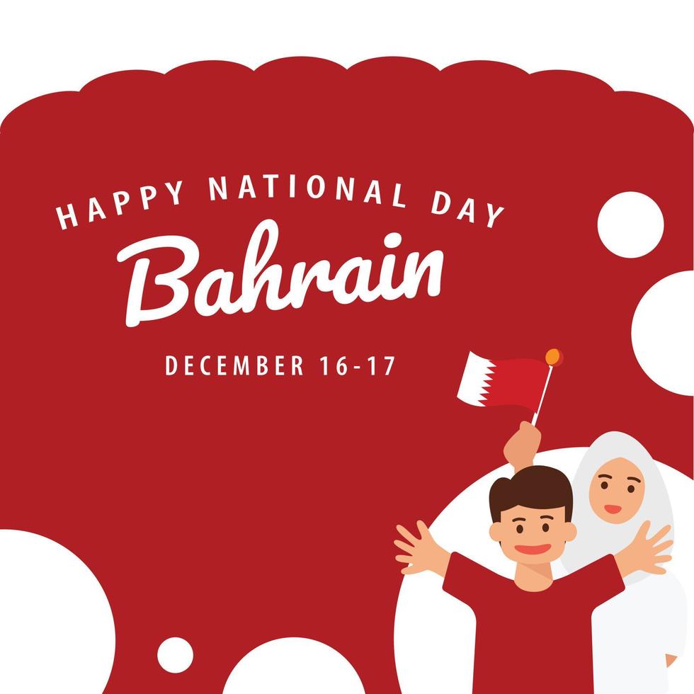 Bahrain national day vector illustration with a boy and his mom waving the national flag.