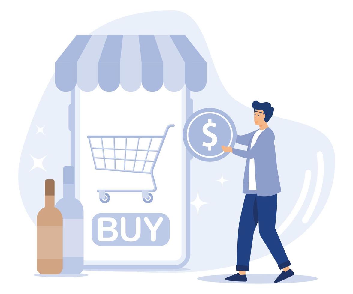 Retail business concept, Brick and mortar, authorized seller, alcohol E-commerce, manufacture license, commercial partnership, liquor store, flat vector modern illustration