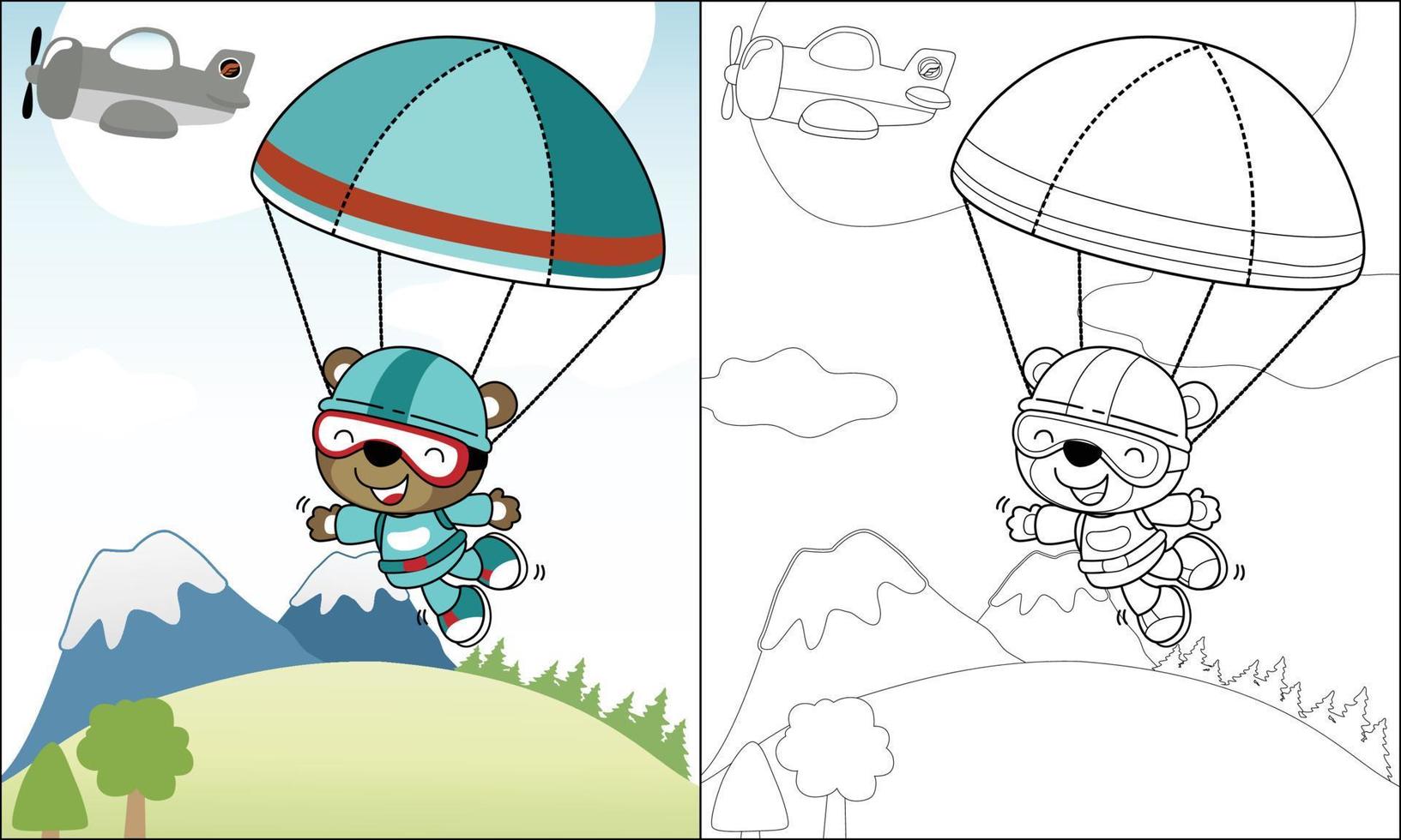Coloring book of cute bear skydiving on mountains background vector