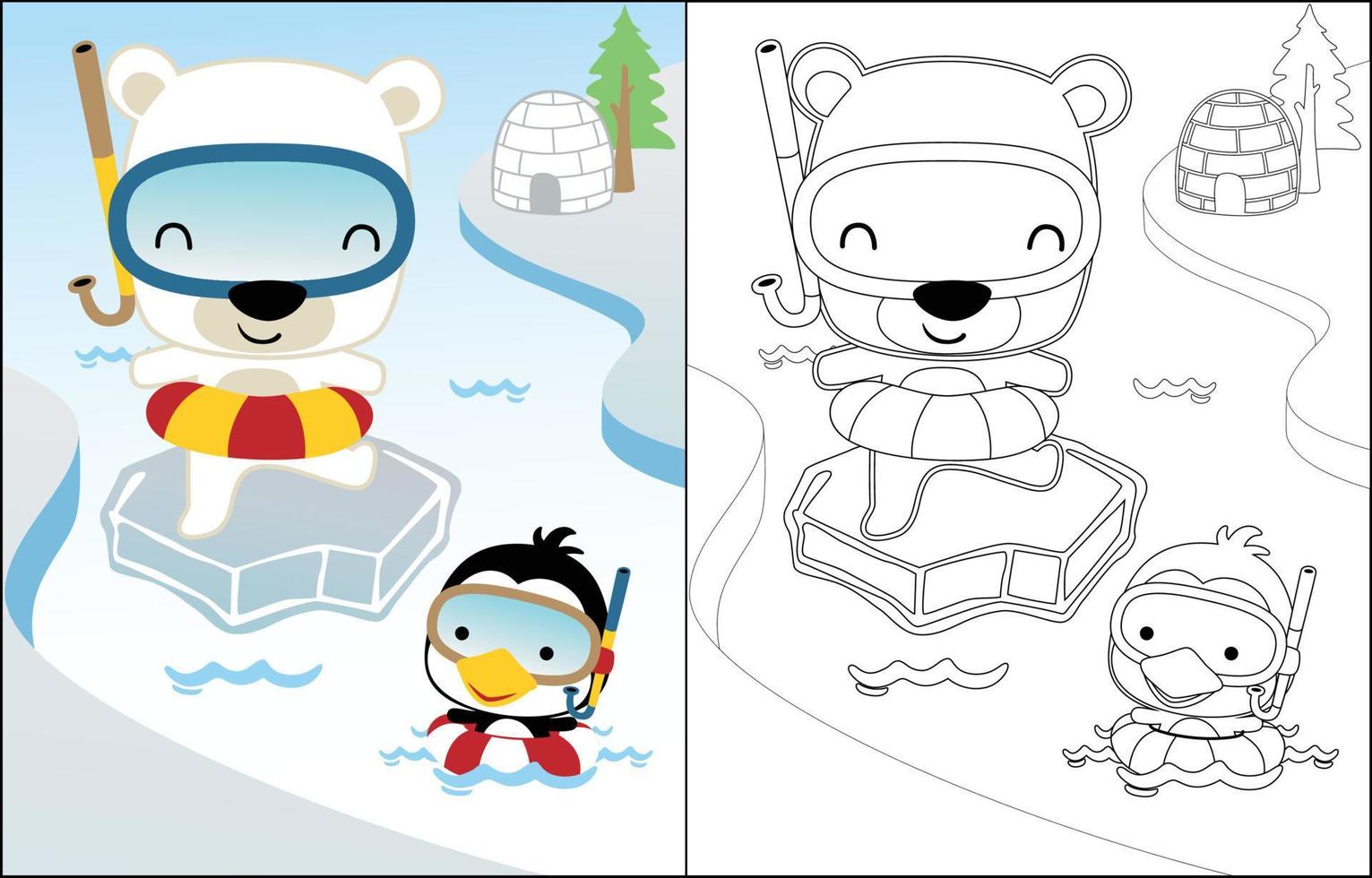 Coloring book of polar bear with penguin wearing diving equipment in cold river vector