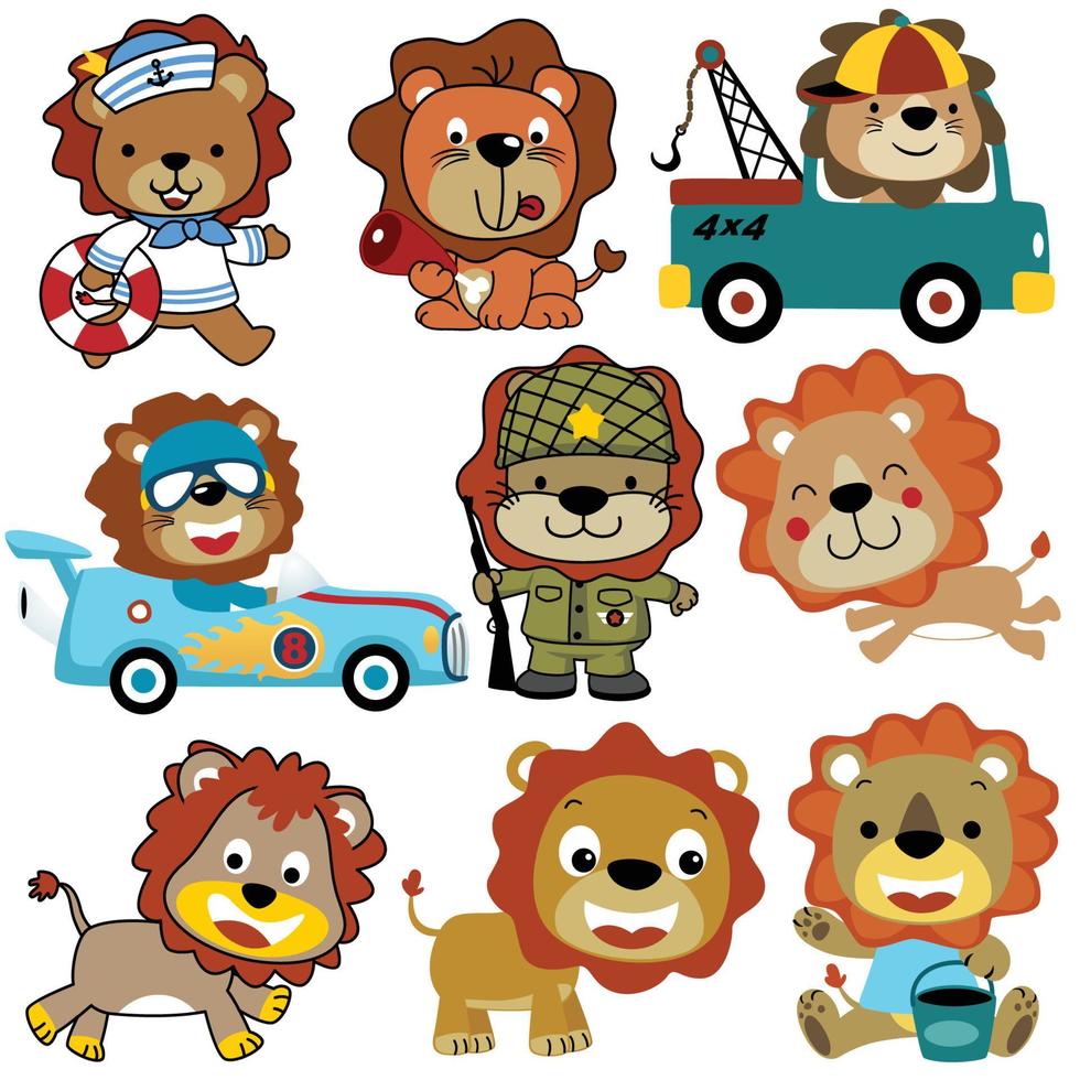 Vector set of funny lion cartoon in different activities and profession
