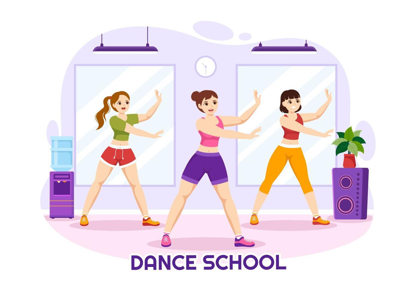 danza colegio ilustración de personas bailando o coreografía con música equipo en estudio en plano dibujos animados mano dibujado aterrizaje página plantillas vector