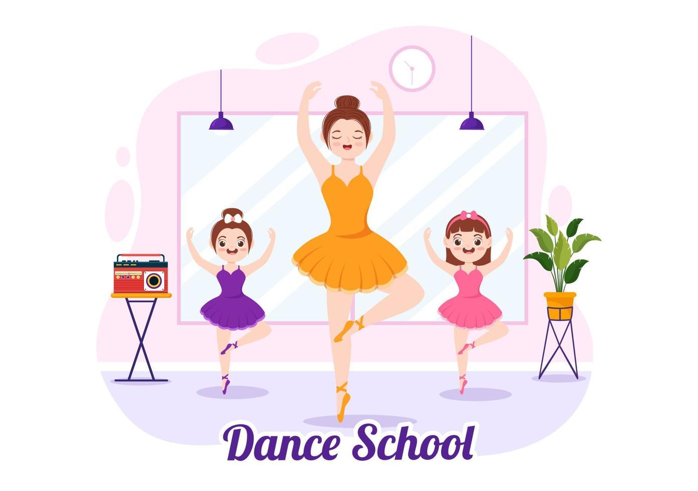 danza colegio ilustración de niños bailando o coreografía con música equipo en estudio en plano dibujos animados mano dibujado aterrizaje página plantillas vector