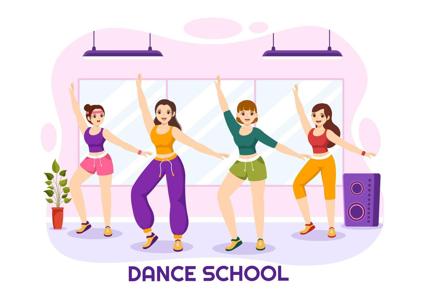 danza colegio ilustración de personas bailando o coreografía con música equipo en estudio en plano dibujos animados mano dibujado aterrizaje página plantillas vector