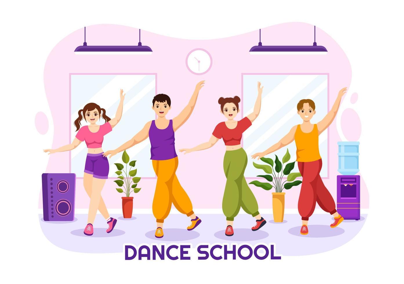 danza colegio ilustración de personas bailando o coreografía con música equipo en estudio en plano dibujos animados mano dibujado aterrizaje página plantillas vector