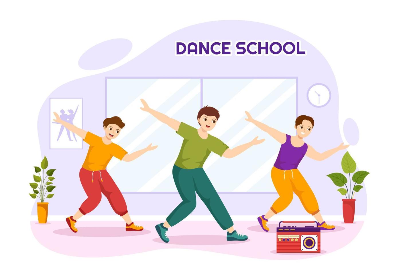 danza colegio ilustración de personas bailando o coreografía con música equipo en estudio en plano dibujos animados mano dibujado aterrizaje página plantillas vector