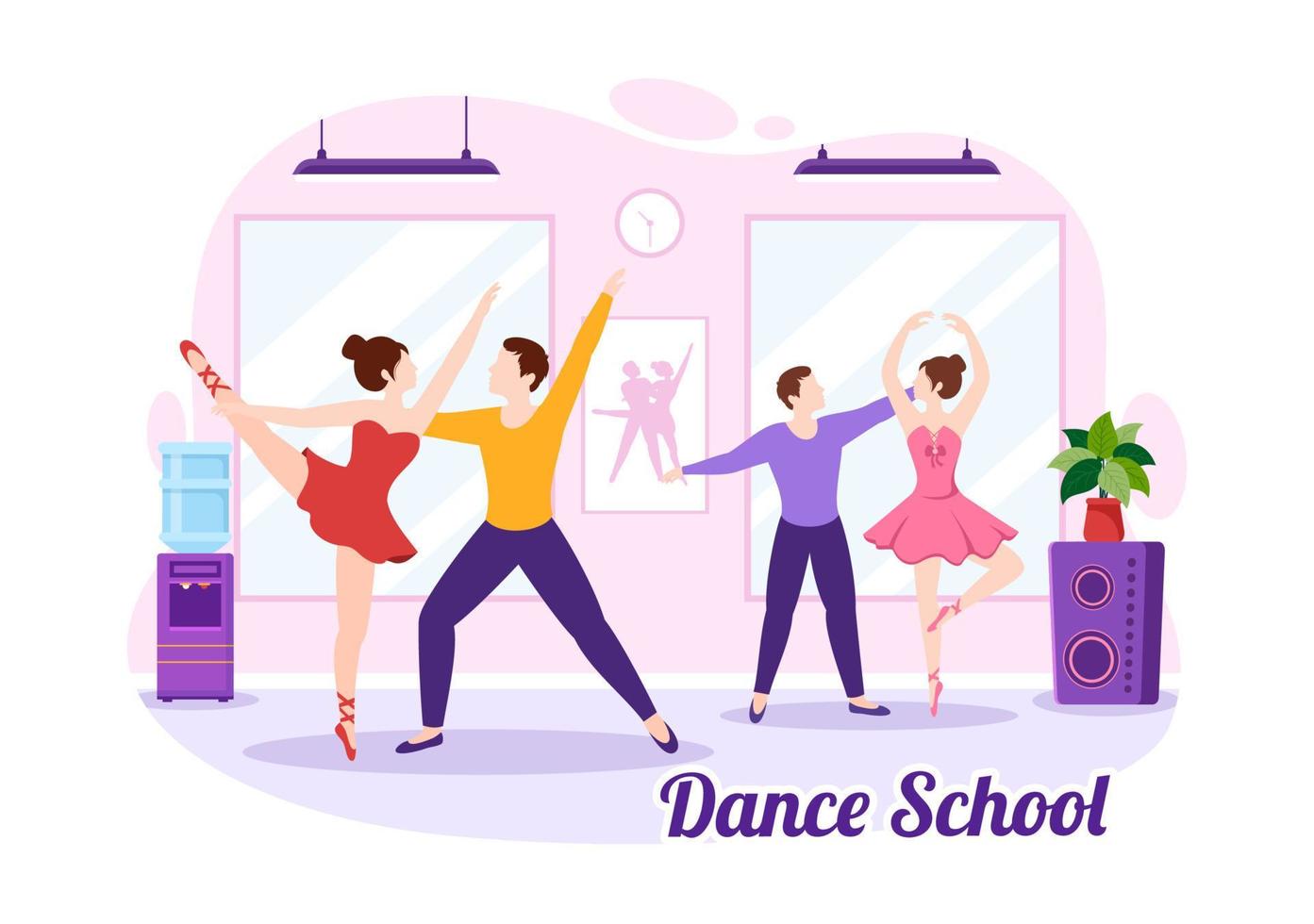 danza colegio ilustración de personas bailando o coreografía con música equipo en estudio en plano dibujos animados mano dibujado aterrizaje página plantillas vector