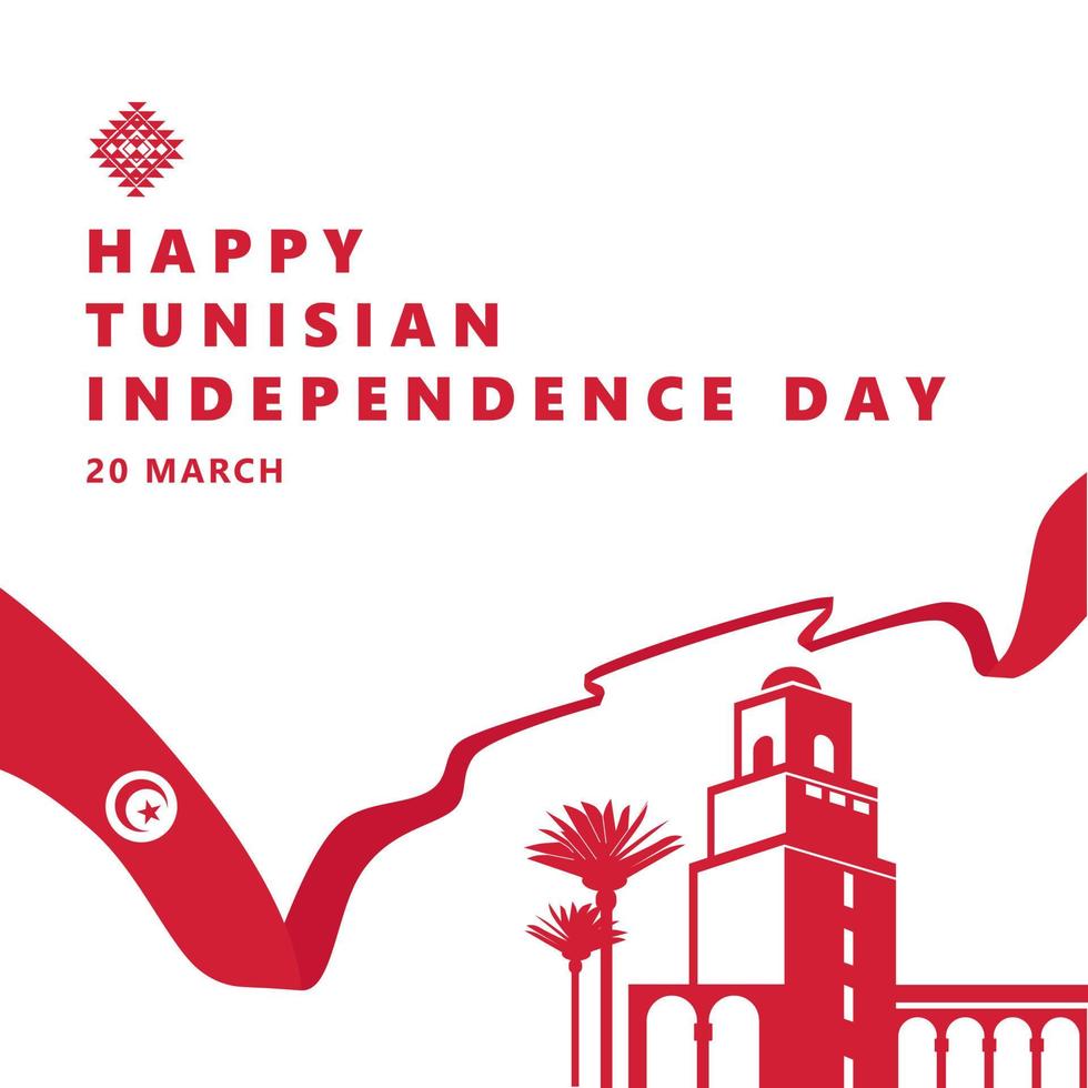 Tunisian independence day celebration vector illustration with national landmarks silhouette and a long flag. Suitable for social media post.