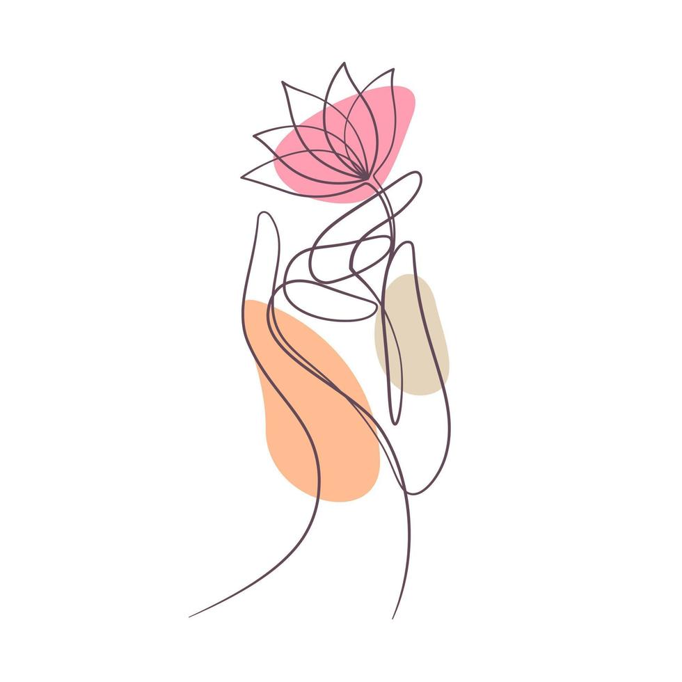 hand holding lotus water lily in continuous line drawing vector