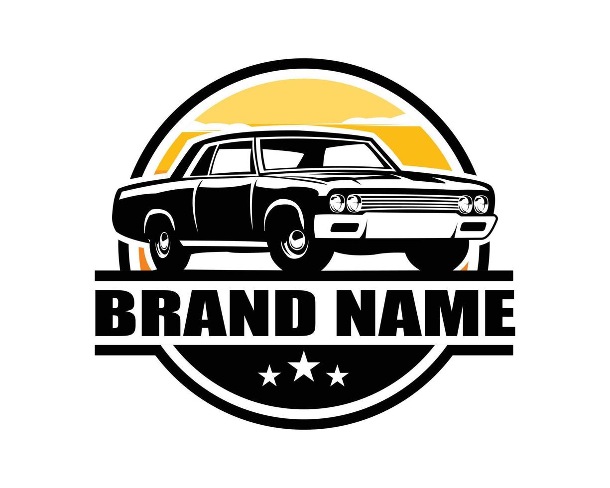 americano coche logo prima vector diseño aislado en blanco antecedentes demostración con puesta de sol lado vista. mejor para insignias, emblemas, iconos, diseño pegatinas, clásico coche industria. disponible en eps 10