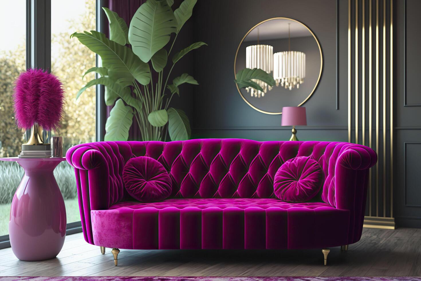 Modern living room design with viva magenta velvet sofa. . photo