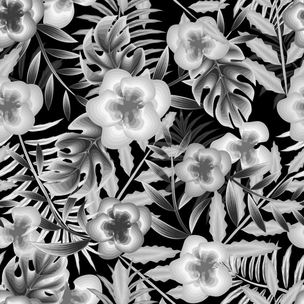 flowers seamless background with gray tropical leaves and plants foliage on dark background. vintage jungle plants illustration with monochromatic stylish color. Exotic tropics. Summer design vector