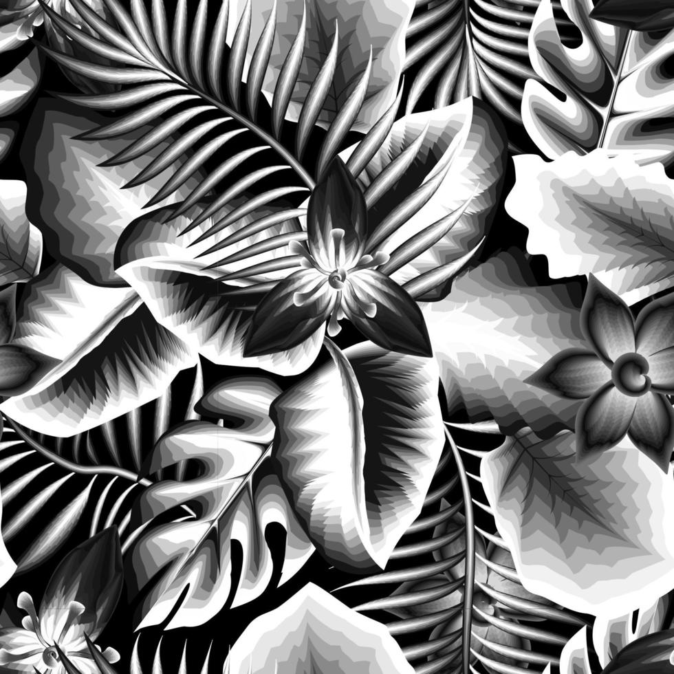 Clásico tropical hojas sin costura antecedentes con monocromo flores planta y follaje en oscuro fondo floral antecedentes. exótico trópico. verano diseño. palma hoja adornos interior diseño decoración vector