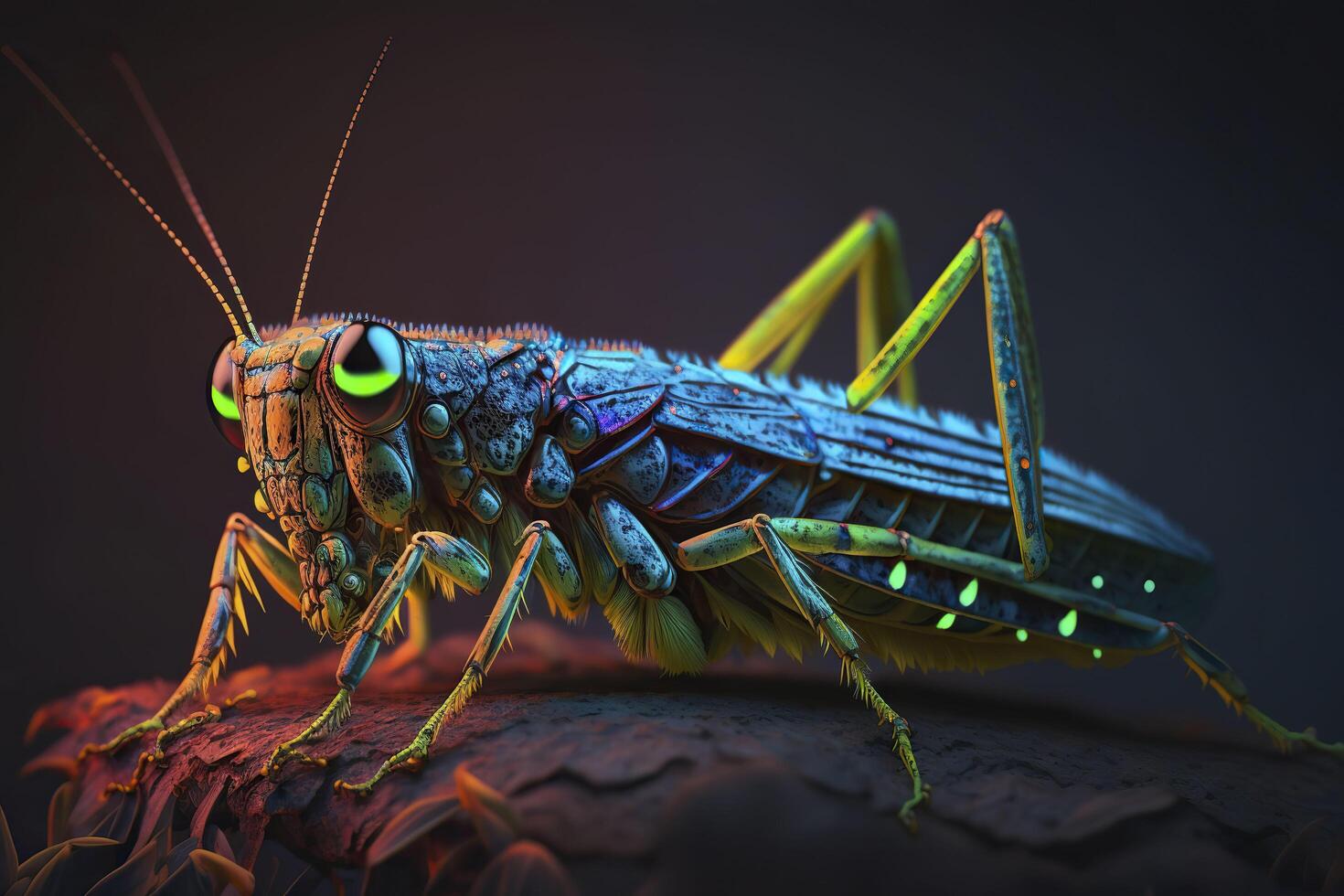 Grasshopper in neon colors. . photo