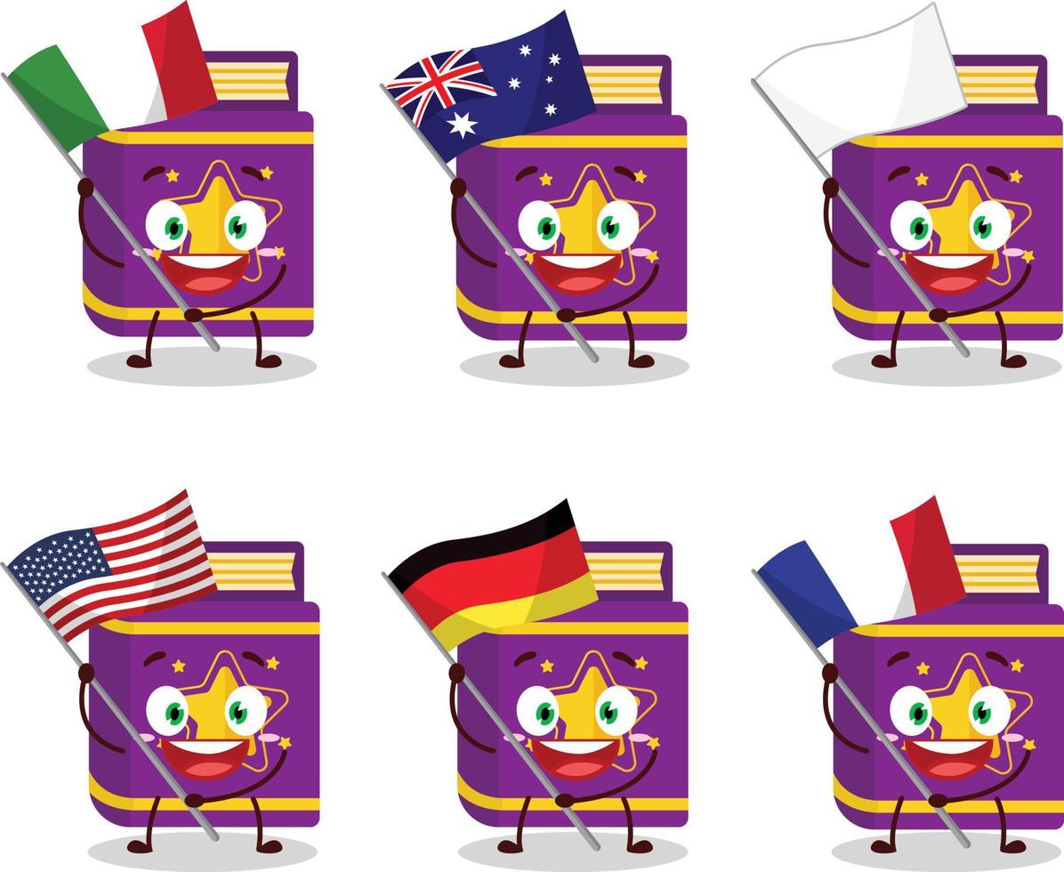 Magic book cartoon character bring the flags of various countries vector