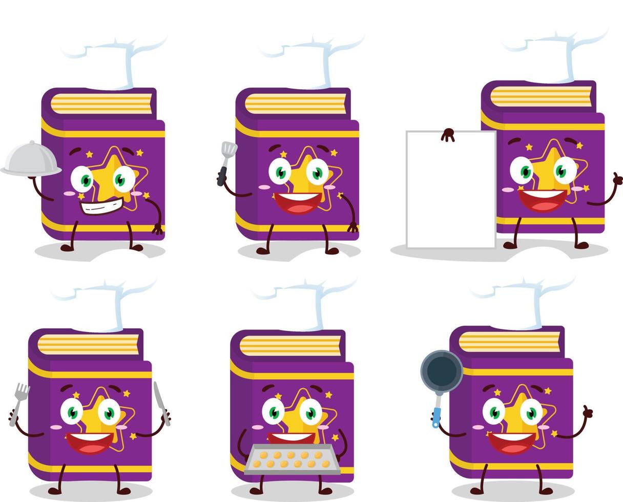 Cartoon character of magic book with various chef emoticons vector