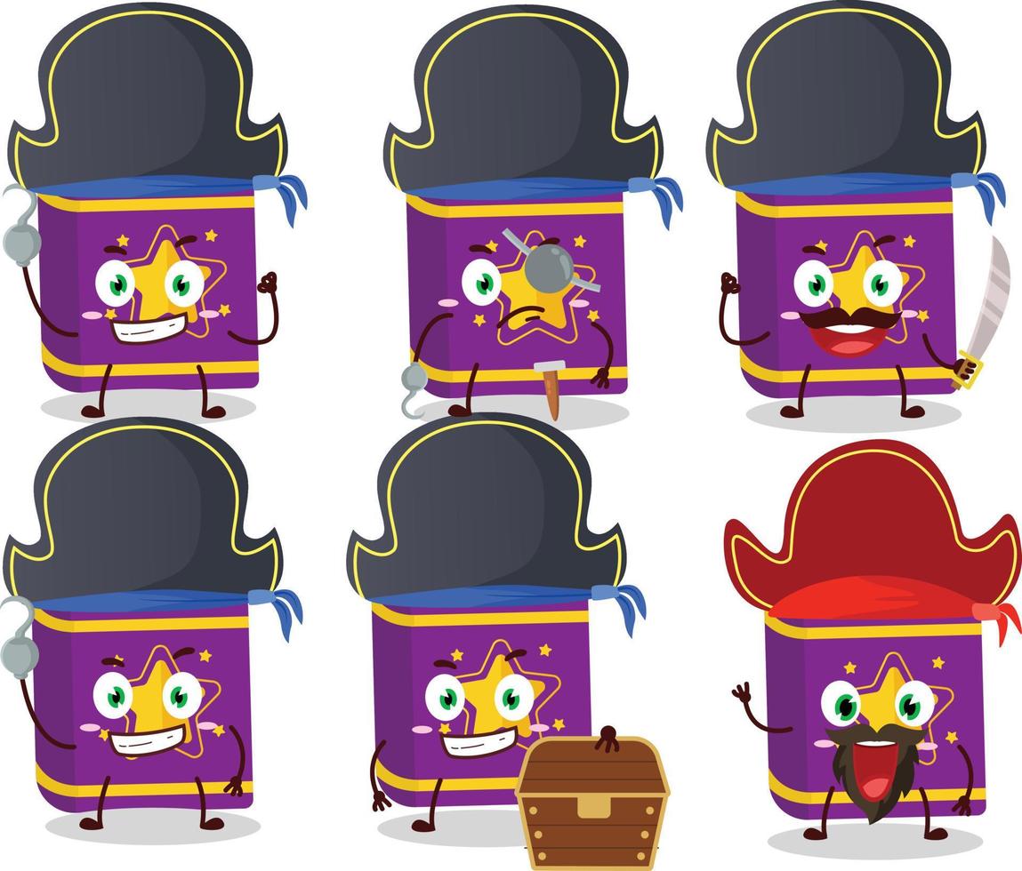 Cartoon character of magic book with various pirates emoticons vector