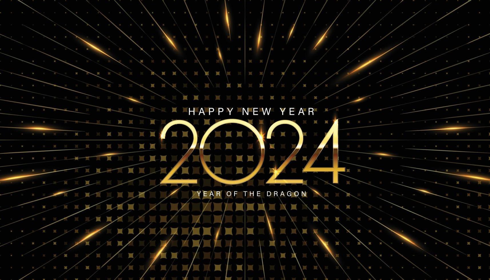 2024 feliz año nuevo diseño elegante - ilustración vectorial de números de logotipo dorado 2024 sobre fondo negro - tipografía perfecta para 2024 guardar la fecha diseños de lujo y celebración de año nuevo. vector