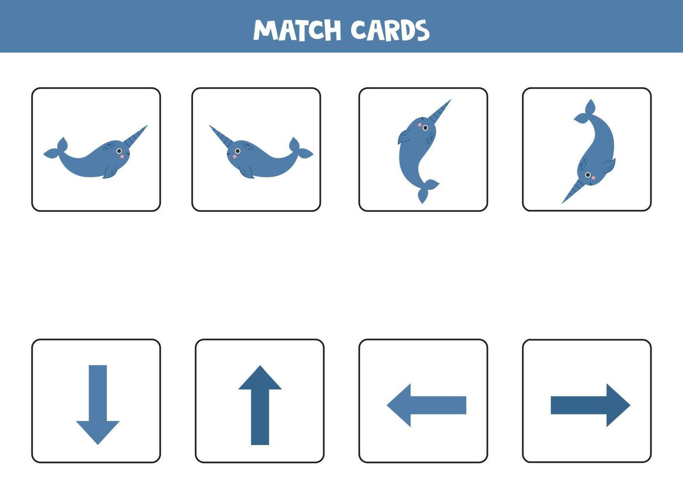 Left, right, up or down. Spatial orientation with cute blue narwhal. vector