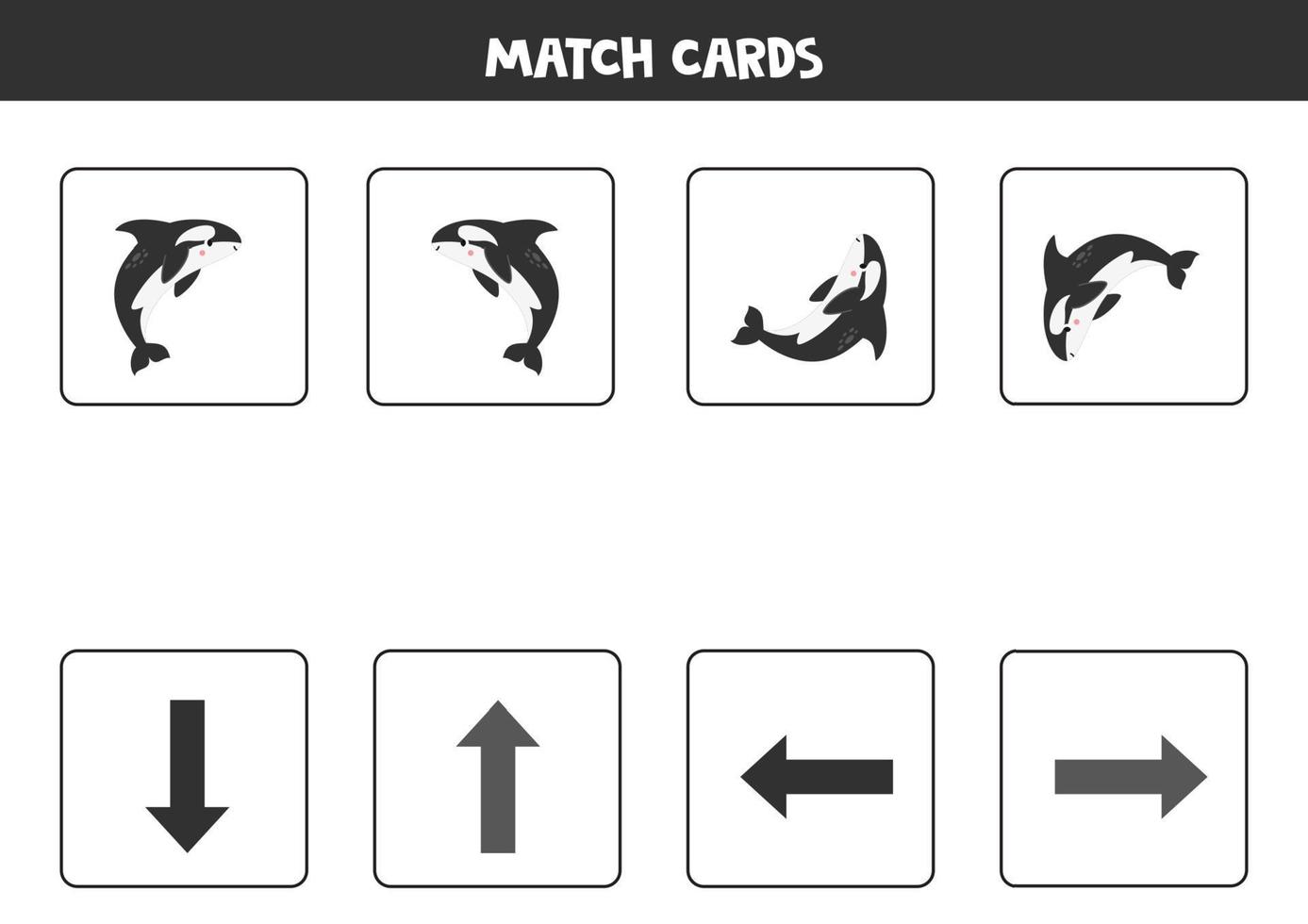 Left, right, up or down. Spatial orientation with cute killer whale or orca. vector