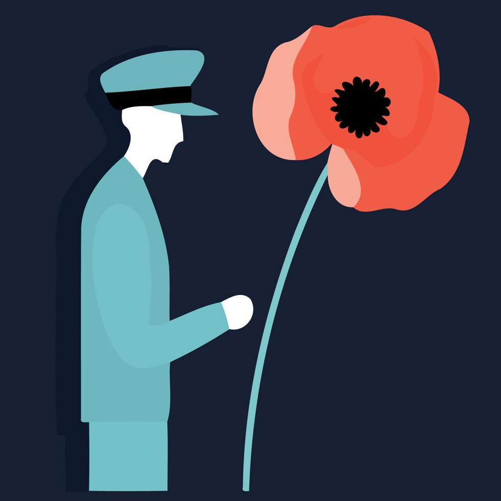 military veteran wearing military fatigues next to a red poppy flower vector