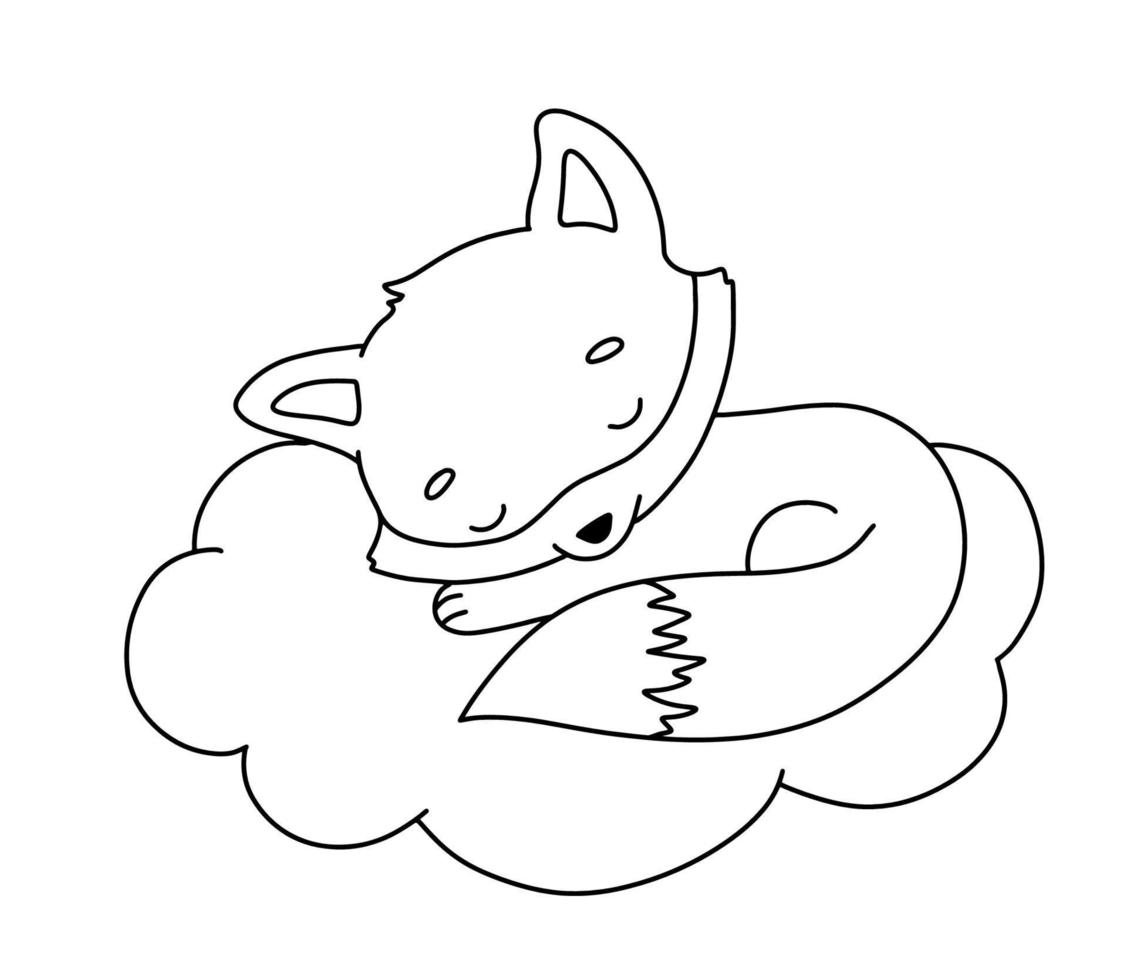 Cute dreaming fox on cloud. Cartoon hand drawn vector outline illustration for coloring book. Line baby woodland animal