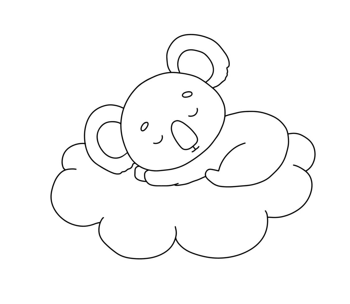 Cute dreaming koala on cloud. Cartoon hand drawn vector outline illustration for coloring book. Line baby animal isolated on white