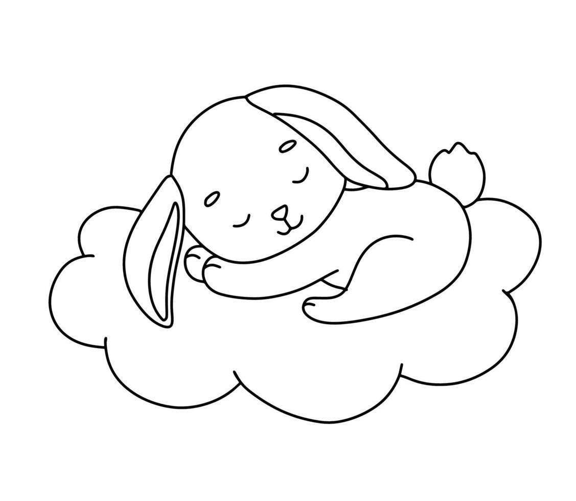 Cute dreaming bunny on cloud. Cartoon hand drawn vector outline illustration for coloring book. Line baby animal isolated on white