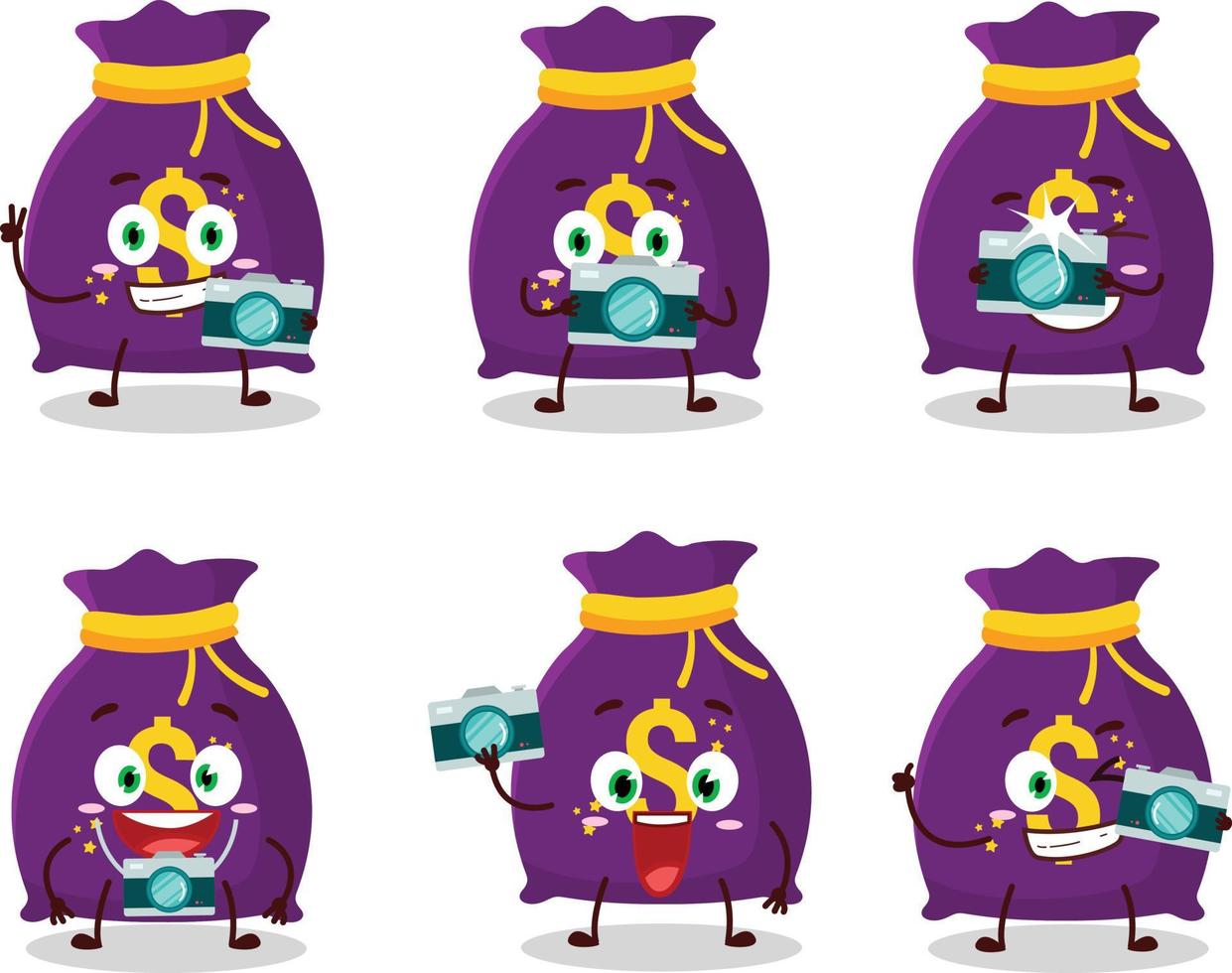 Photographer profession emoticon with magic money sack cartoon character vector