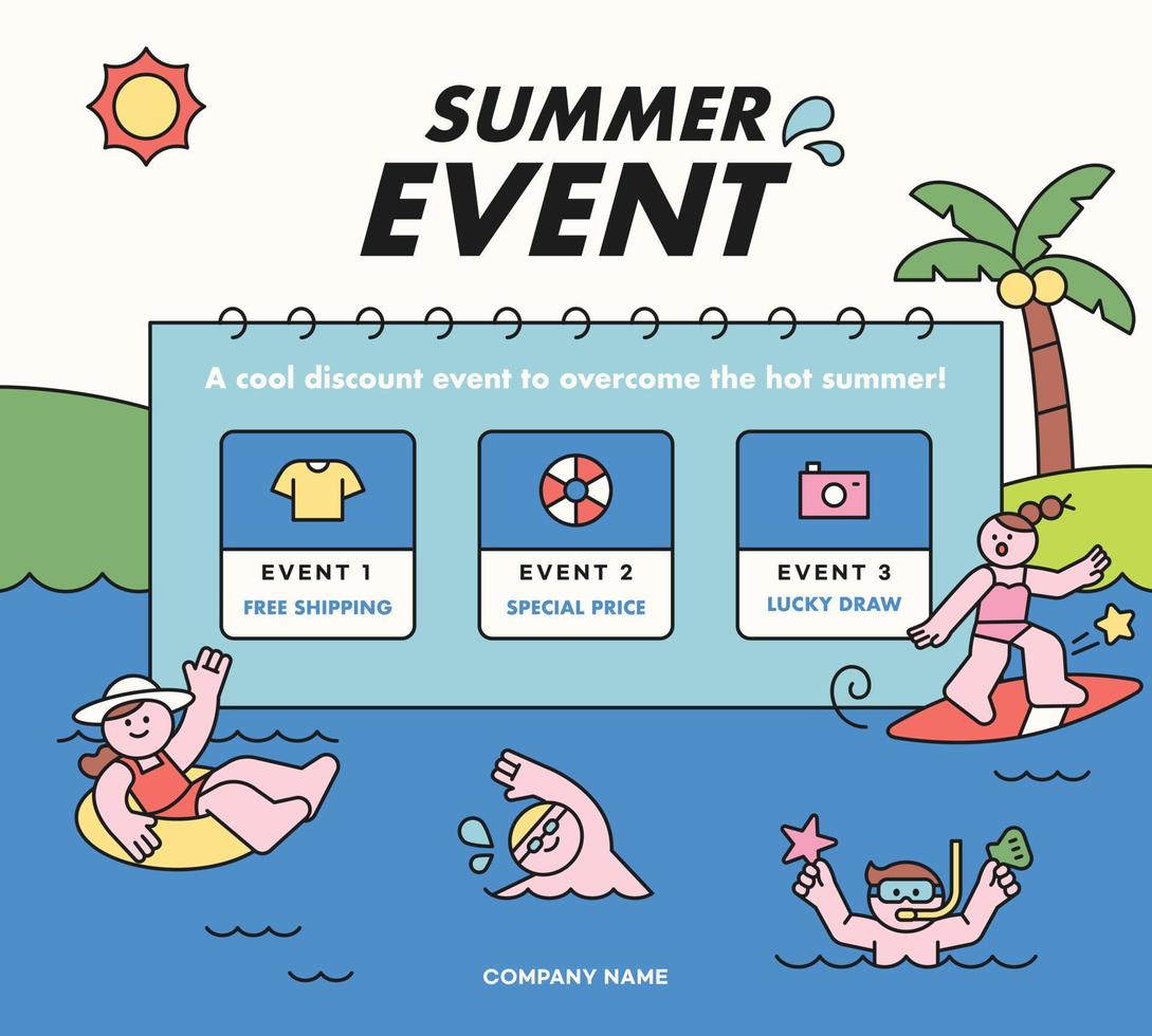flat vector illustration. Summer event template. sea background. People are playing while swimming.