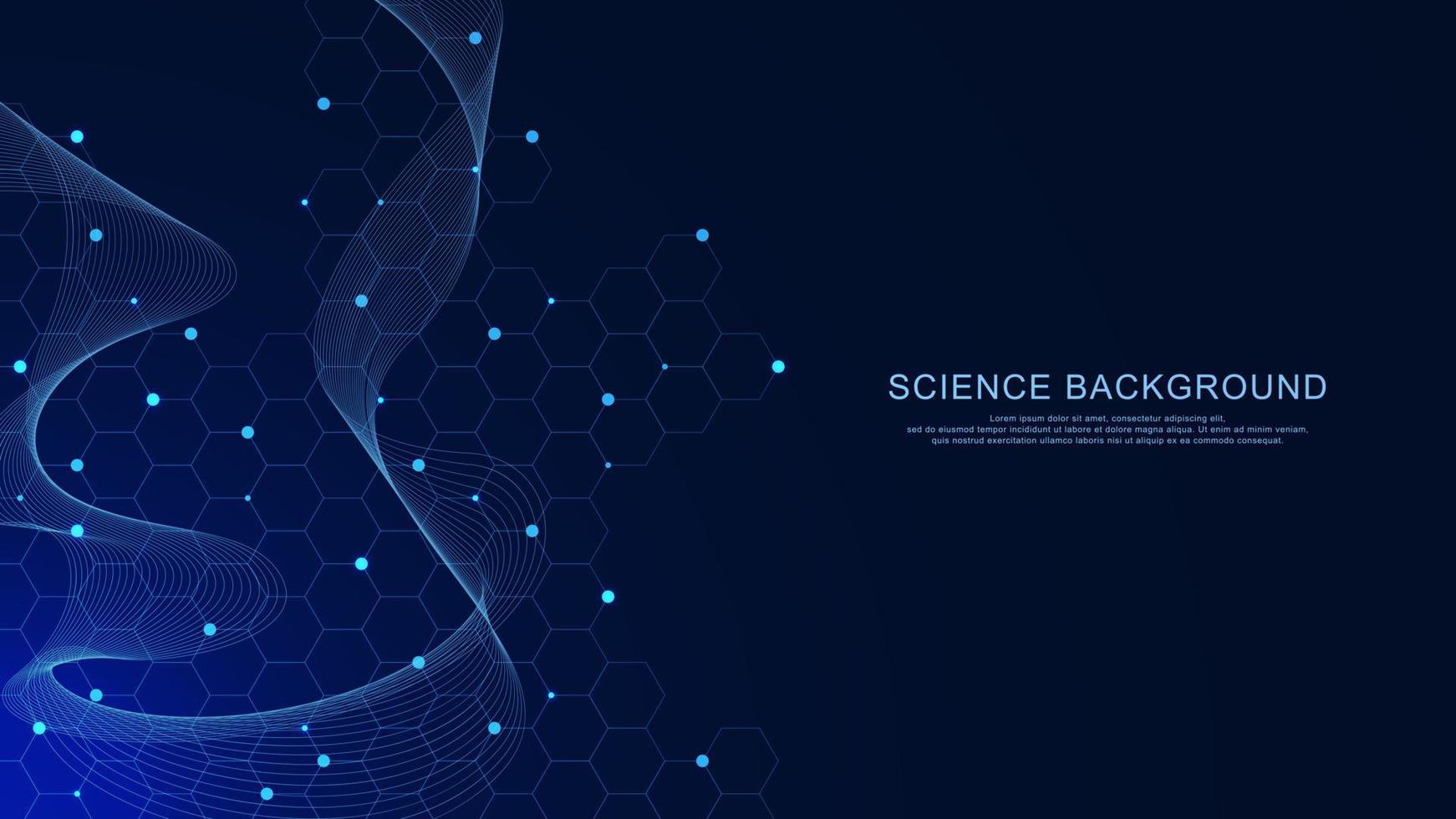 Structure molecule with wave flow for science, DNA, atom, neurons. Abstract blue medical, technology, chemistry background template design. Vector illustration.