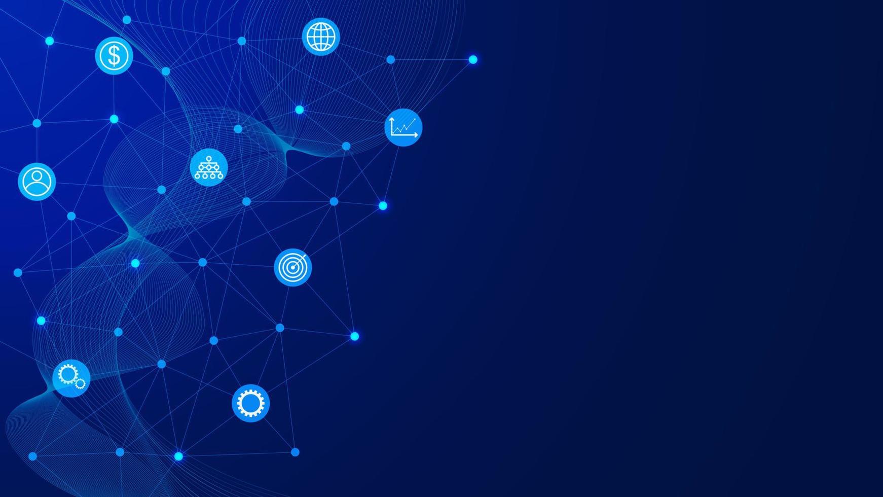Dots and lines global social network connection background with business icons. Communication technology template design. Vector illustration.
