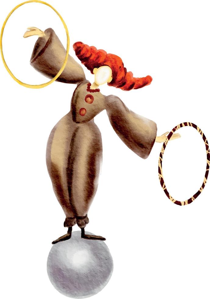 Circus clown standing on a balloon watercolor. A clown with a hoop. Watercolor illustration circus. vector