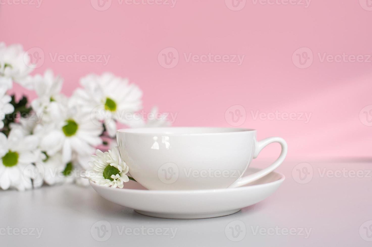 un blanco taza con un plato soportes en un rosado antecedentes con blanco crisantemo flores foto