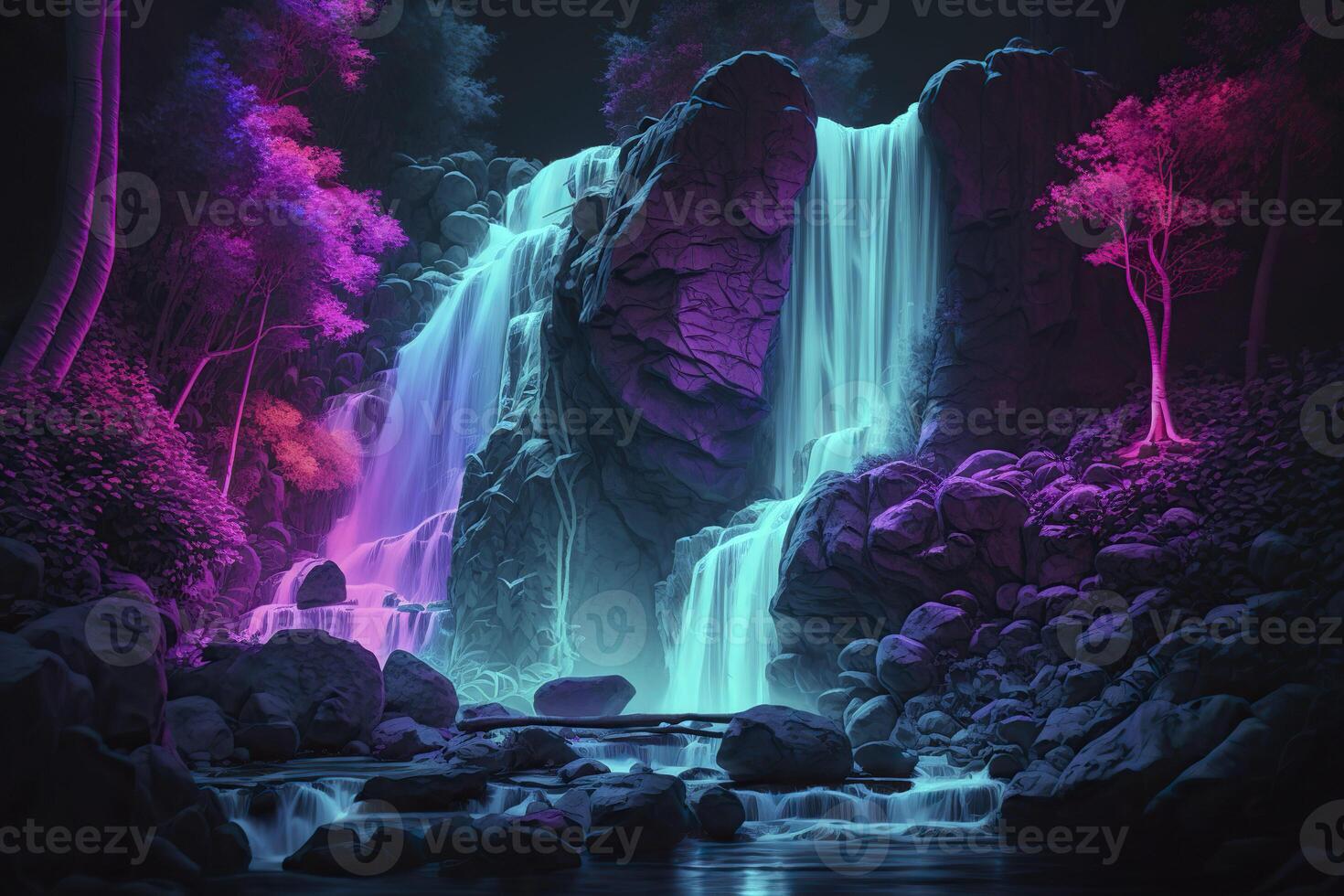 Digital art depicting a neon waterfall. Water illuminated by multicolored light. . photo