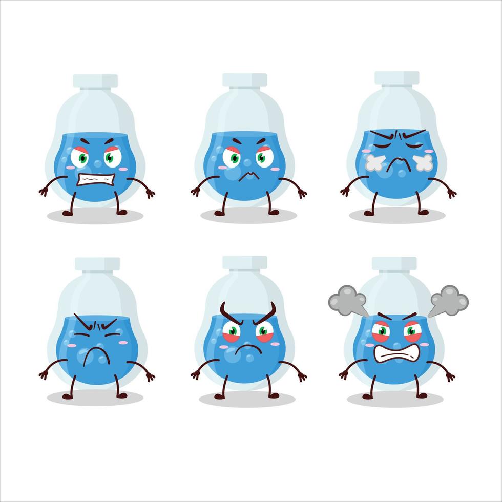 azul poción dibujos animados personaje con varios enojado expresiones vector