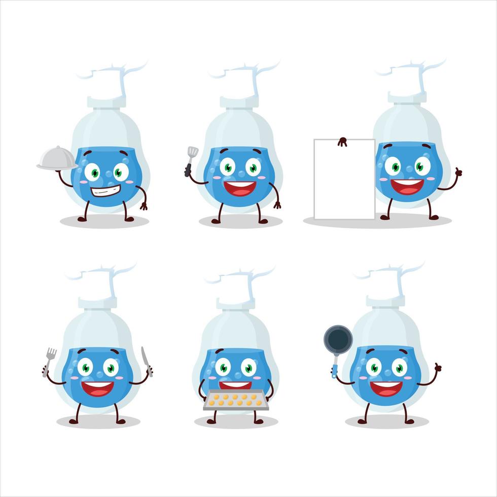dibujos animados personaje de azul poción con varios cocinero emoticones vector