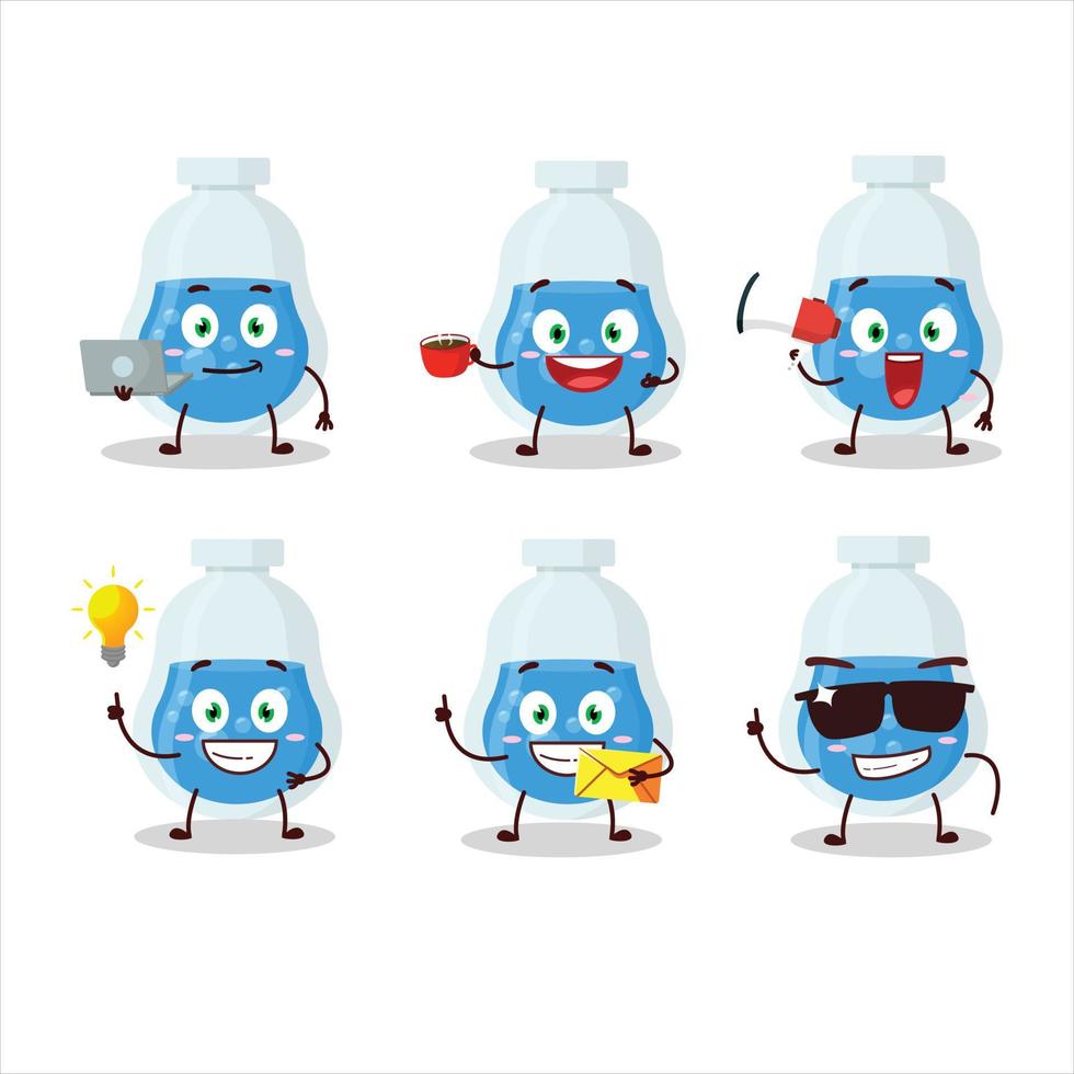 azul poción dibujos animados personaje con varios tipos de negocio emoticones vector