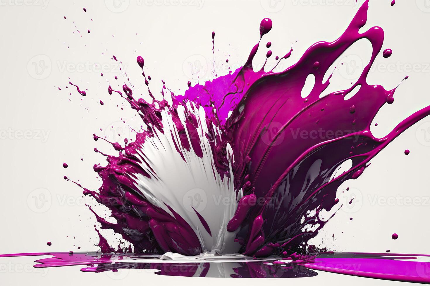 3d fluid brush strokes. Explosion of white and purple paint drips. . photo