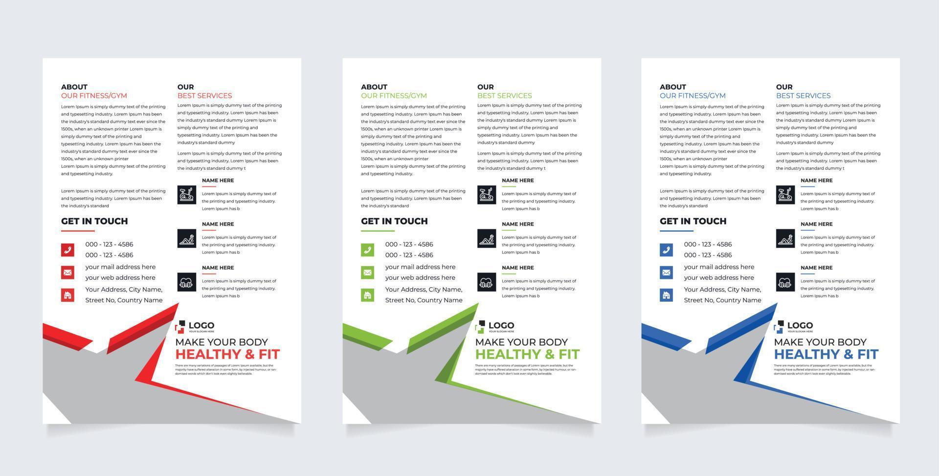 Fitness gym flyer template with black, red and green color, gym, Workout, fitness and Sports flyer. fitness gym business flyer design vector