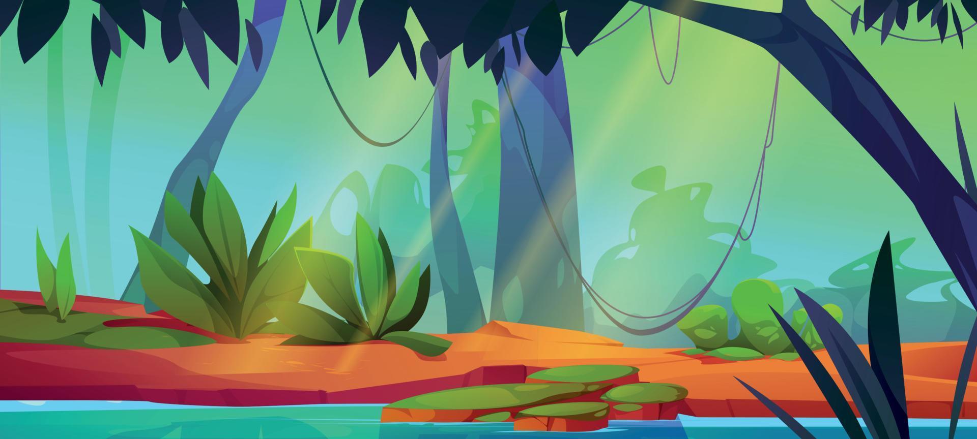 dibujos animados selva paisaje con río vector