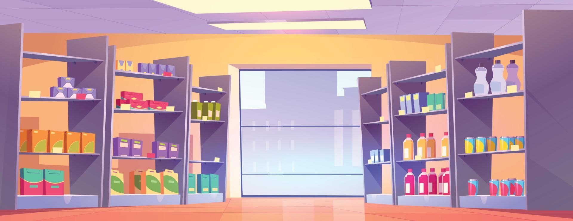 Cartoon supermarket aisle with large window vector