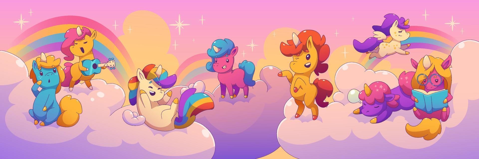 Contemporary cartoon set of rainbow unicorns vector